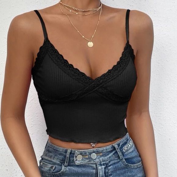 H&M Tops - H & M Black Laced Cami Crop Top W/ Adjustable Straps